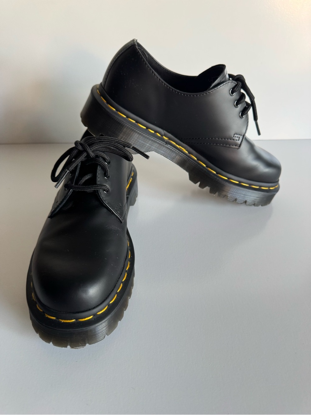 Black Lace-Up Derby Shoes with Yellow Stitch Detail